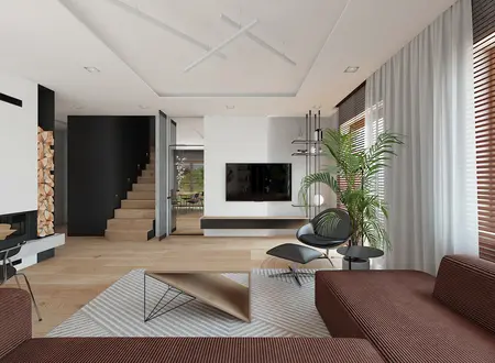 Wnętrze salonu z brązową sofą, szarym dywanem i zieloną roślinnością. Styl: dopamine decor, minimalistyczny.