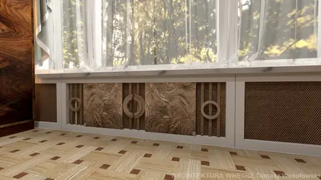 Wnętrze z art deco, z oknem, drewnianymi detalami i dekoracyjnym panelem.