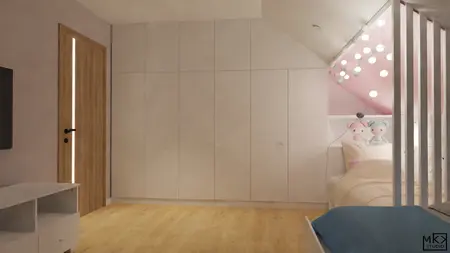 Wnętrze pokoju dziecięcego z różowymi dodatkami i szafą, styl współczesny.