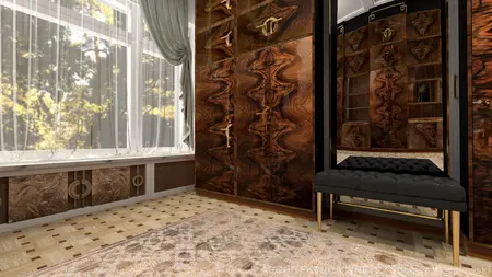 Garderoba w stylu art deco z drewnianymi meblami i dużym lustrem.