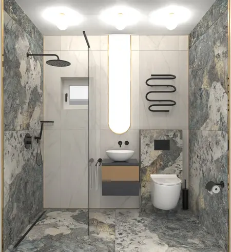 Nowoczesna łazienka w stylach dopamine decor, industrialny i minimalistyczny z kamiennymi akcentami.