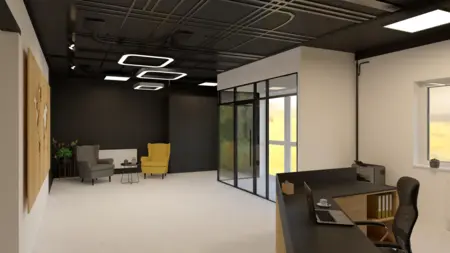 Gabinet w stylu industrialnym z żółtym fotelem i biurkiem