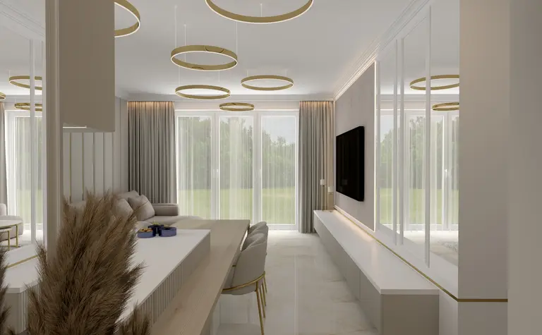 Wnętrze salonu w stylu art deco i glamour z szarymi ścianami i beżowymi meblami.