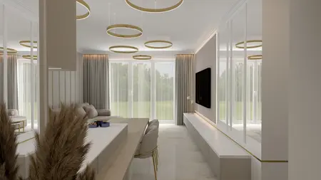 Wnętrze salonu w stylu art deco i glamour z szarymi ścianami i beżowymi meblami.
