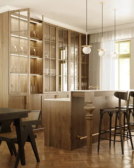 Kuchnia w stylu dopamine decor i vintage z drewnianymi meblami i nowoczesnymi akcentami.