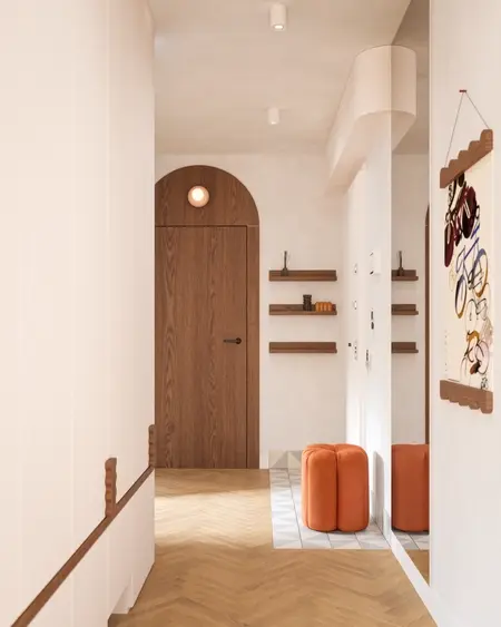 Przedpokój w stylach art deco, eklektycznym, nowoczesnym, vintage i współczesnym z drewnianymi elementami.