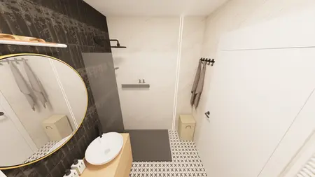 Wnętrze łazienki z dużym lustrem, prysznicem i eleganckimi akcentami glamour, minimaluxe, tradycyjnym, współczesnym.