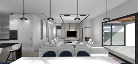 Salon z białymi meblami, kominkiem i dużymi oknami. Styl: dopamine decor, industrialny, japandi, minimalistyczny, minimaluxe, nowoczesny, skandynawski, soft minimalizm, współczesny.