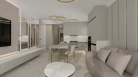 Wnętrze kuchni w stylu art deco i glamour z jasnymi meblami.