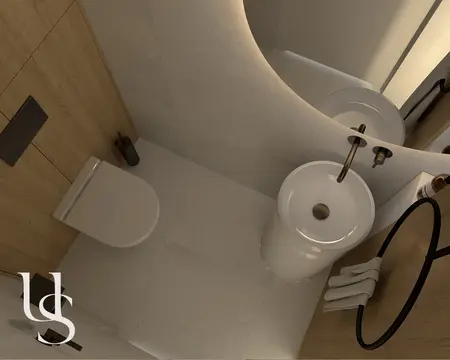Nowoczesna łazienka w stylu japandi i minimalistycznym z drewnem