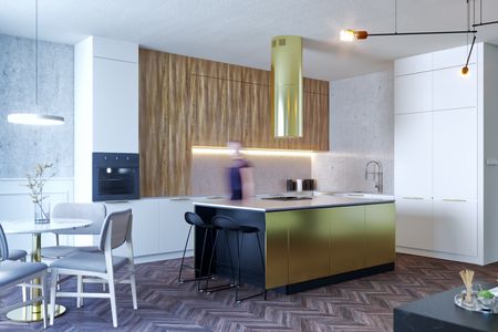 Kuchnia w stylu glamour i industrialnym z drewnianymi meblami i złotymi akcentami.