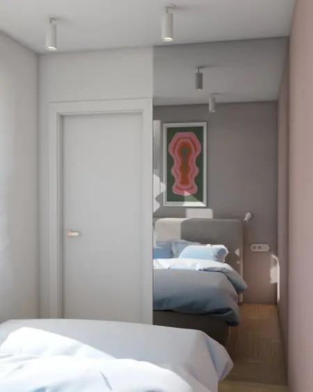 Wnętrze sypialni w stylu eklektycznym z jasnymi akcentami i dekoracją.