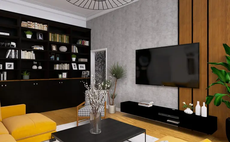 Wnętrze salonu w stylu boho i industrialnym z żółtą kanapą i czarnymi meblami.