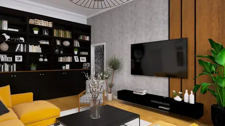 Wnętrze salonu w stylu boho i industrialnym z żółtą kanapą i czarnymi meblami.