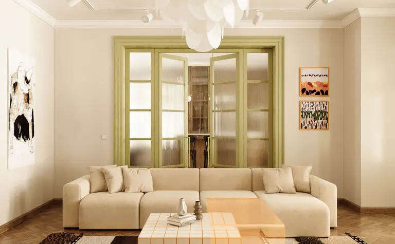 Wnętrze salonu w stylu dopamine decor, eklektycznym, vintage, z nowoczesnymi elementami.