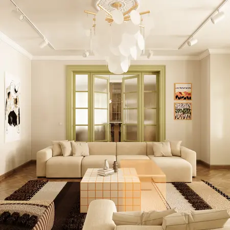 Wnętrze salonu w stylu dopamine decor, eklektycznym, vintage, z nowoczesnymi elementami.