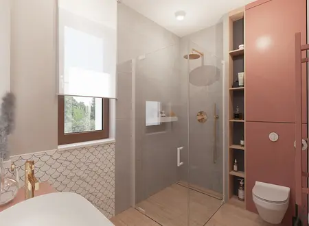 Wnętrze łazienki z szarymi płytkami, różowymi meblami, styl art deco, boho, nowoczesny.