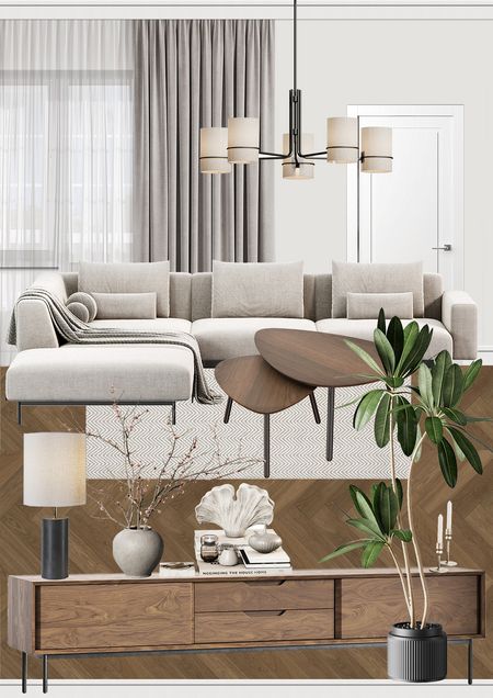 Wnętrze salonu w stylu art deco, glamour i współczesnym z jasną sofą.