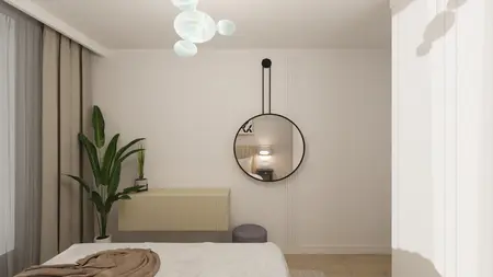 Wnętrze sypialni z nowoczesnym lustrem, rośliną i minimalistycznym oświetleniem.