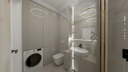 Wnętrze łazienki z elementami art deco i glamour, beżowe meble, nowoczesne oświetlenie.