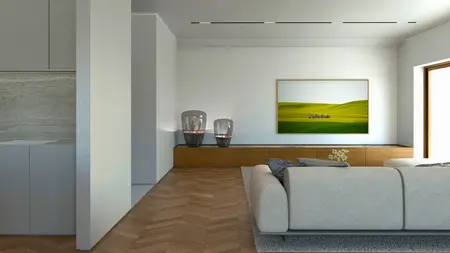 Wnętrze minimalistycznego salonu z jasną sofą i drewnianymi akcentami.