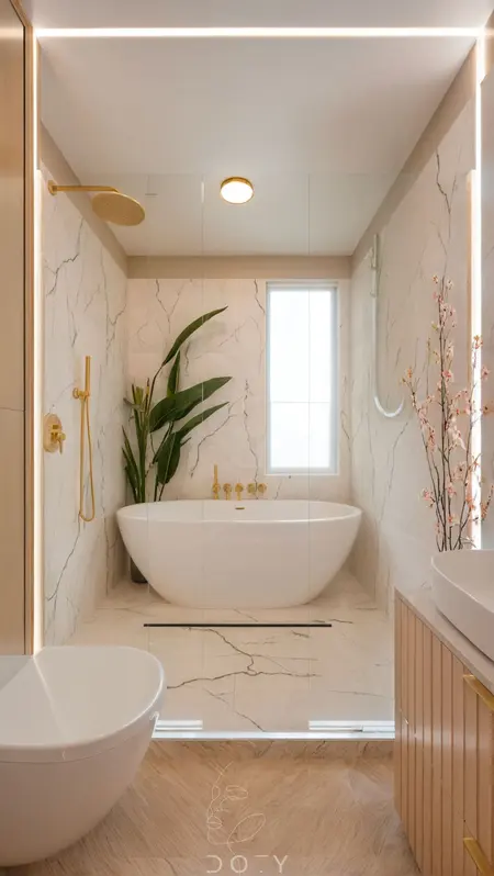 Wnętrze nowoczesnej łazienki z wanną, złotymi detalami oraz roślinnością. Styl boho i japandi.