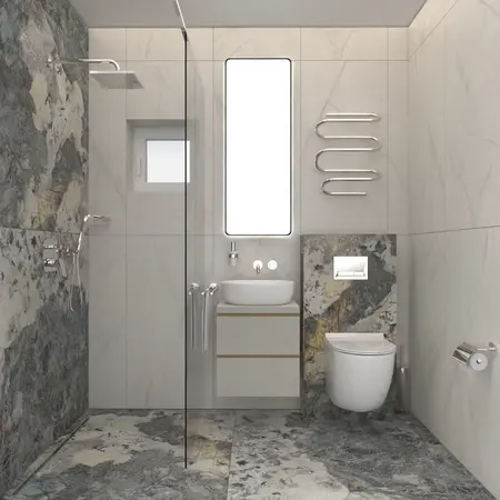 Wnętrze łazienki w stylu dopamine decor i minimalistycznym z marmurowymi elementami.