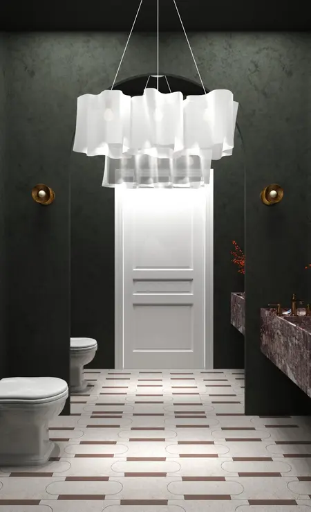 Wnętrze łazienki w stylu art deco, minimaluxe i quiet luxury z białymi i szarymi elementami.