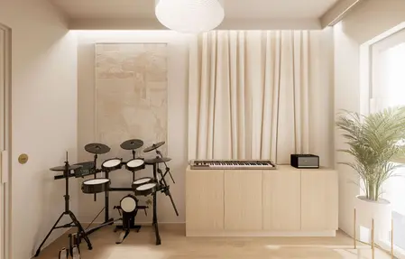 Wnętrze pokoju muzycznego w stylu japandi, minimalistycznym, nowoczesnym, quiet luxury.