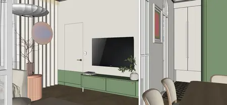 Eklektyczne wnętrze salonu z zielonymi meblami i minimalistycznymi detalami.