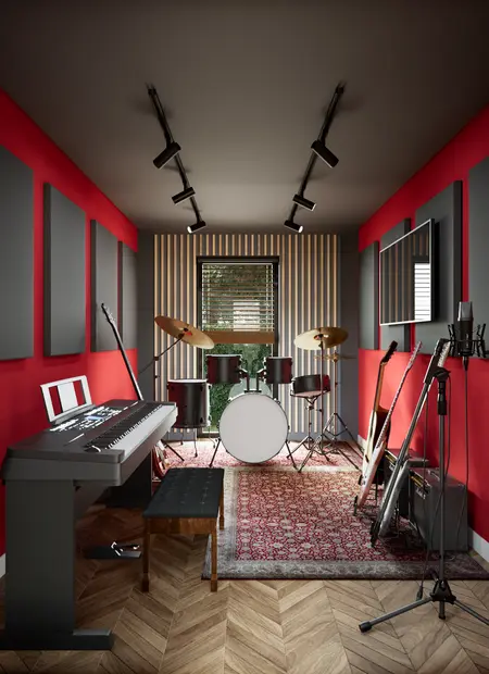 Studio muzyczne w stylu eklektycznym z czerwonymi ścianami, fortepianem i perkusją.