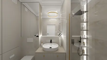 Nowoczesna łazienka w stylu art deco i glamour z białą umywalką i złotymi detalami.