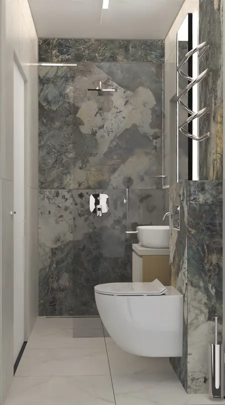 Nowoczesna łazienka w stylu dopamine decor i minimalistycznym z szarymi płytkami.