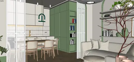 Wnętrze kuchni w stylu eklektycznym i minimaluxe z zielonymi meblami i drewnianym stołem.