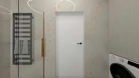 Nowoczesna łazienka w stylu art deco i glamour z białymi kaflami i złotymi detalami.