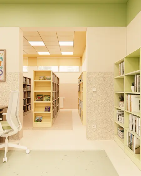 Wnętrze biblioteki z zielonymi akcentami, dopaminowym dekorowaniem i nowoczesnym stylem.