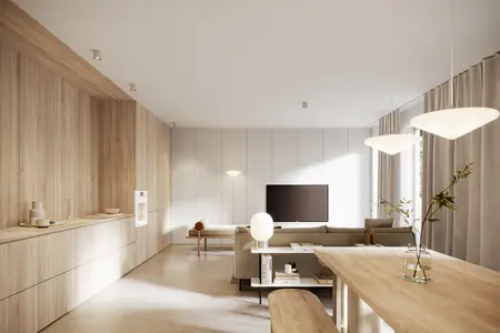 Wnętrze salonu w stylu japandi i minimalistycznym z drewnem i jasnymi elementami