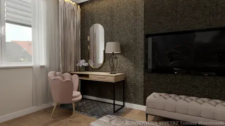 Wnętrze z eklektycznym i glamour stylem, różowa sofa, lustro, drewniane biurko.