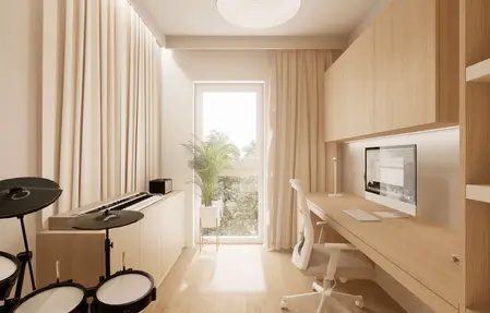 Biuro w stylu japandi, minimalistycznym z drewnianym biurkiem i rośliną.