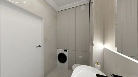 Wnętrze łazienki z umywalką, szafkami w stylu art deco i glamour.