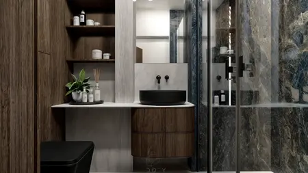 Wnętrze łazienki w stylu eklektycznym z nowoczesnymi elementami i quiet luxury.
