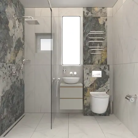 Nowoczesna łazienka z marmurowymi ścianami, prysznicem i minimalistycznym designem. Dopamine decor, industrialny, minimalizm.