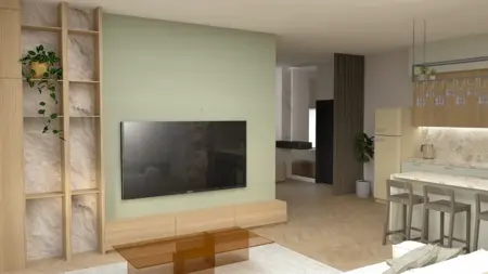Wnętrze salonu z telewizorem, drewnianą komodą i roślinami w stylu industrialnym i nowoczesnym.