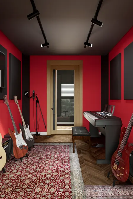Wnętrze eklektycznego pokoju do nagrywania z czerwonymi ścianami i instrumentami muzycznymi.