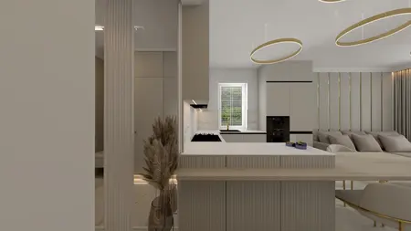 Kuchnia w stylu art deco i glamour z beżowymi meblami i złotymi detalami.