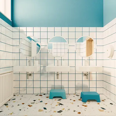 Nowoczesna łazienka z białymi umywalkami i niebieskimi ścianami, styl dopamine decor.
