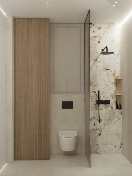 Eklektyczna łazienka w stylu japandi z minimalistycznymi akcentami.