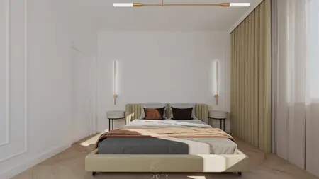 Sypialnia w stylach boho, japandi, nowoczesnym, quiet luxury, współczesnym z jasnymi meblami.