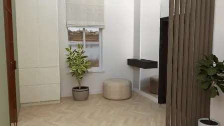 Wnętrze pokoju z roślinami, jasnymi meblami i lustrem, styl industrialny i nowoczesny.
