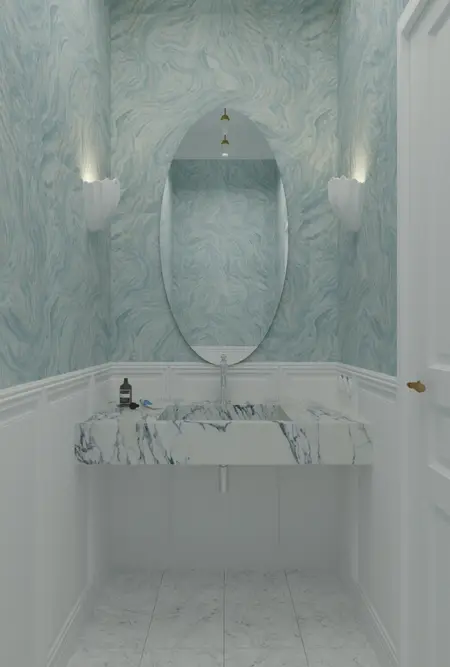 Mała łazienka z marmurową umywalką, niebieskimi ścianami i stylami art deco, minimaluxe, quiet luxury.